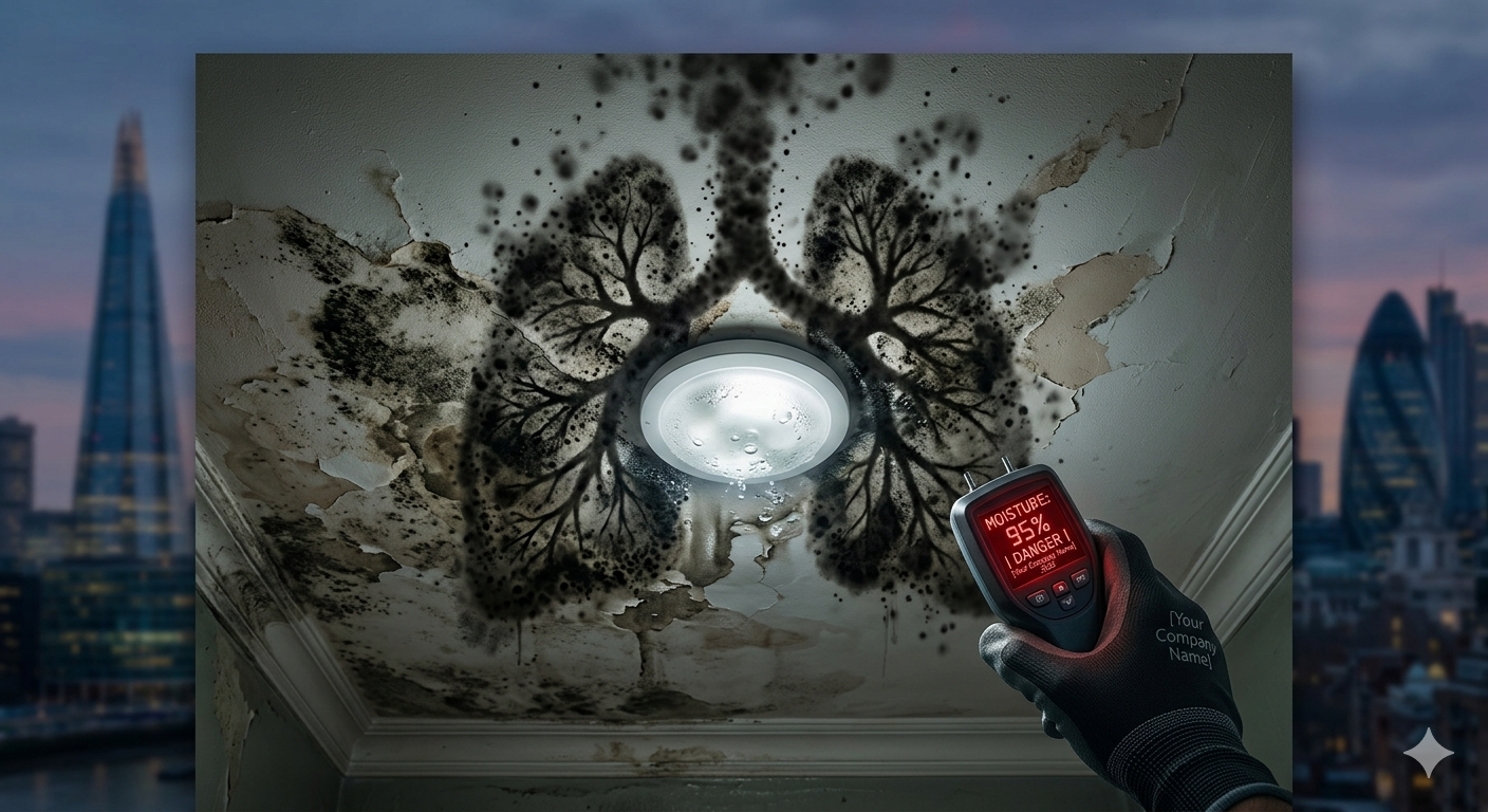 Black mould growing on London ceiling caused by roof damp with moisture meter showing critical readings