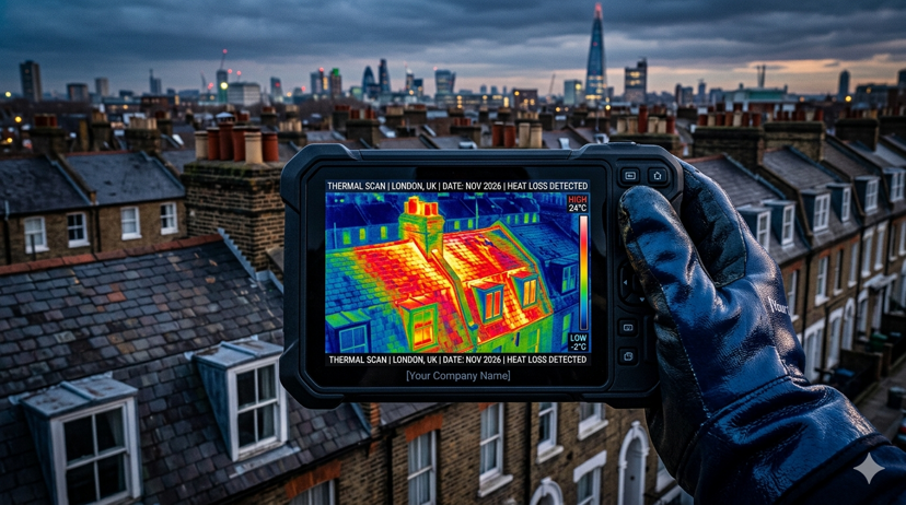 Thermal imaging camera showing heat loss from London rooftops in 2026