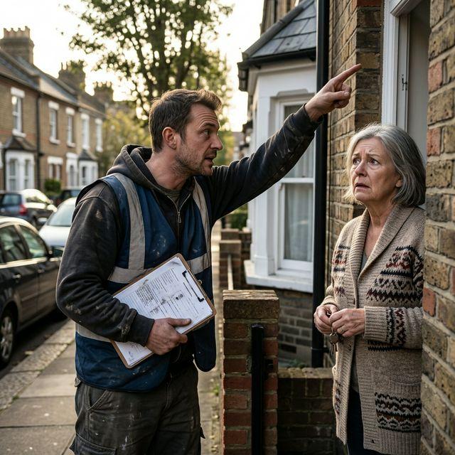Homeowner on doorstep being pressured by a rogue roofer - a common scam tactic in London