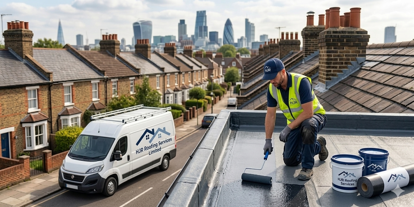 HJR Roofing contractor working on a North London Victorian terrace roof with London skyline in the background